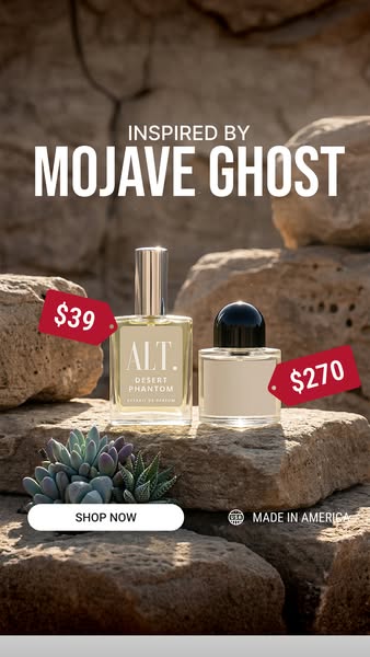 The image ad features two perfume bottles, positioned against a rocky backdrop and highlighted with price tags, to encou