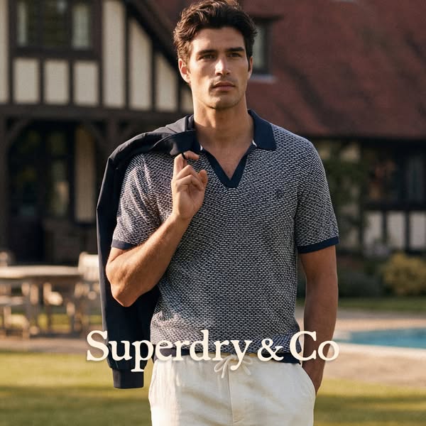 This image ad from Superdry & Co. features a man in a polo shirt and jacket outdoors, showcasing the brand's app