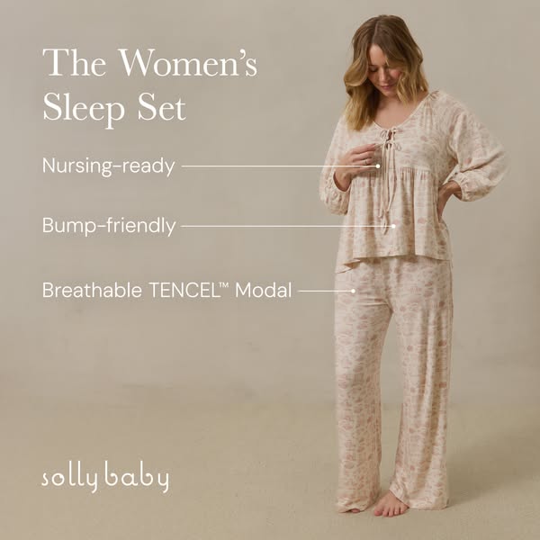 The ad features a woman wearing a matching pajama set, highlighting its suitability for nursing mothers and pregnant wom