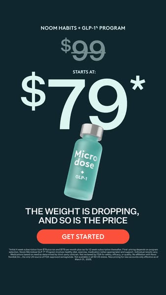 This image ad for Noom promotes a GLP-1 program for weight loss, emphasizing both the dropping weight and the dropping p