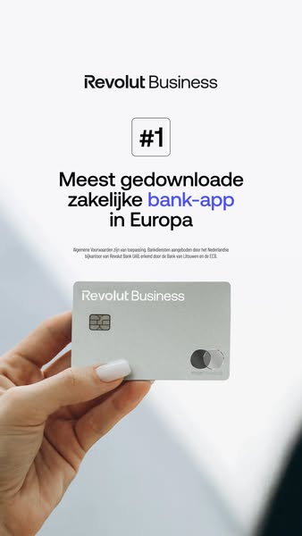 This image ad by Revolut Business promotes its business banking app as the most downloaded in Europe. The ad features a 