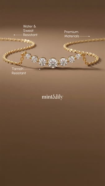 This ad showcases a gold necklace, highlighting its features such as being water and sweat resistant, tarnish resistant,