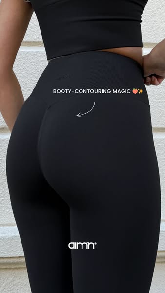 This image ad showcases black leggings with a focus on their 'booty-contouring' effects. The ad uses visual cues
