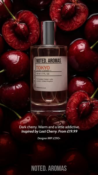 This ad showcases Noted. Aromas' Tokyo fragrance in a visually appealing setting surrounded by cherries. The ad high