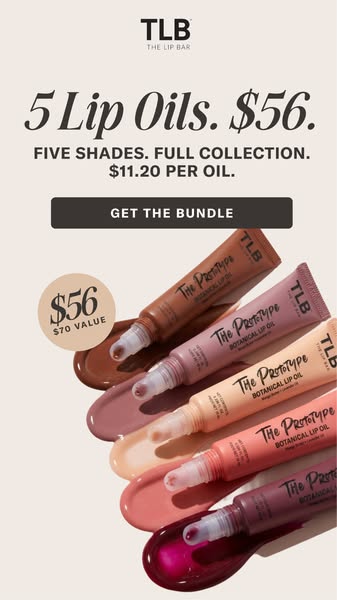An image ad for The Lip Bar promoting their lip oil bundle, which includes 5 lip oils for $56. The ad highlights the val