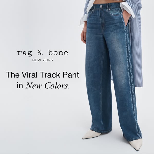 An ad for Rag & Bone track pants. The image features a person wearing the pants and a vertically-oriented copy block