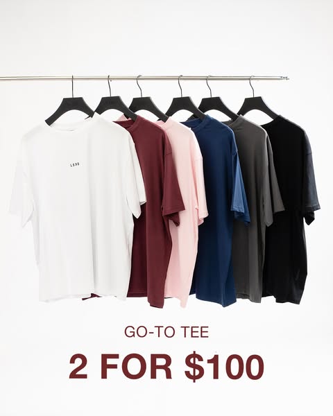 An image ad for L3S3's "GO-TO TEE" promotes an offer of 2 shirts for $100. The ad features multiple shirts
