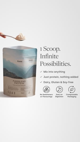 This ad promotes Form Pureblend Protein, highlighting its versatility and clean ingredients. The ad emphasizes the produ