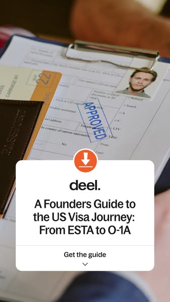 This ad promotes a guide for founders navigating the US visa process, from ESTA to O-1A, offered by Deel.