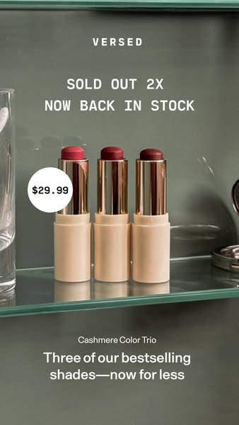 This is an image ad for Versed Cashmere Color Trio. The ad highlights the product's availability after selling out t