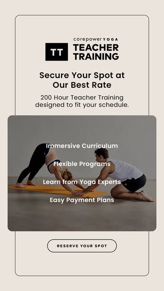 This image ad promotes CorePower Yoga's Teacher Training program, highlighting its flexible schedule, immersive curr