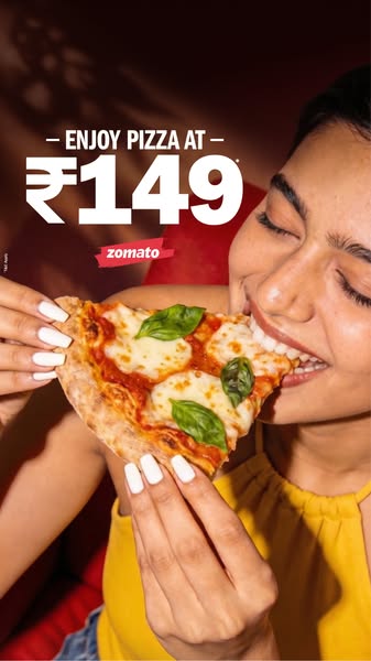 An image ad for Zomato features a woman enjoying pizza, highlighting its availability for ₹149.