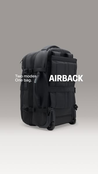 This ad presents a black carry-on bag with wheels that can convert into a backpack. The ad calls out the versatility of 