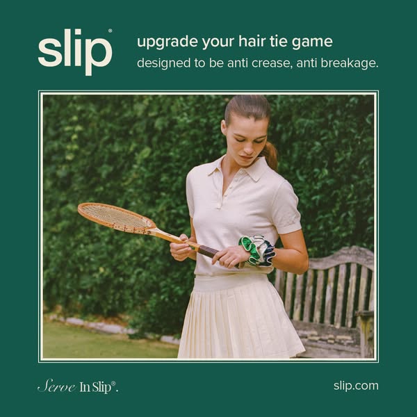 This image ad for Slip promotes their silk hair ties. The ad features a woman in tennis attire with a hair tie on her wr