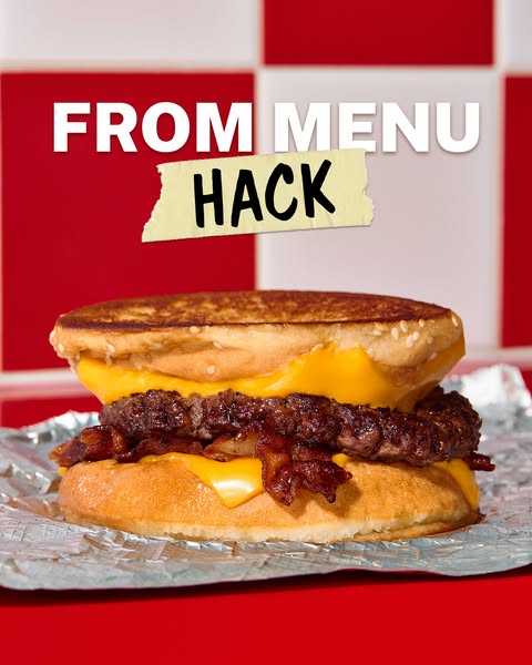 This ad features a hamburger with grilled cheese sandwiches as buns with the text "FROM MENU HACK" in white le