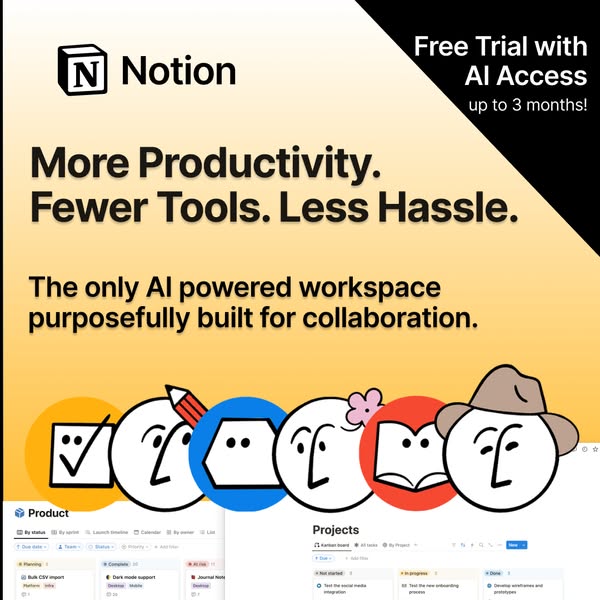 This ad for Notion highlights the product's ability to increase productivity, reduce the number of tools needed, and