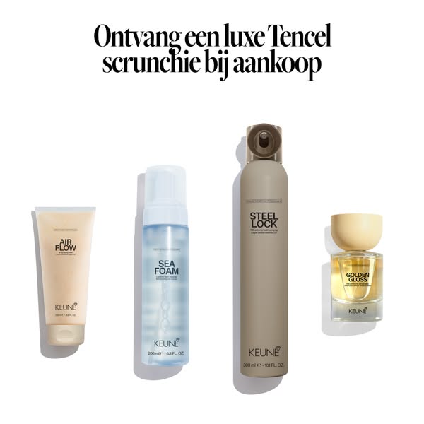 This ad showcases four Keune hair products on a white background and promotes a free Tencel scrunchie with purchase.