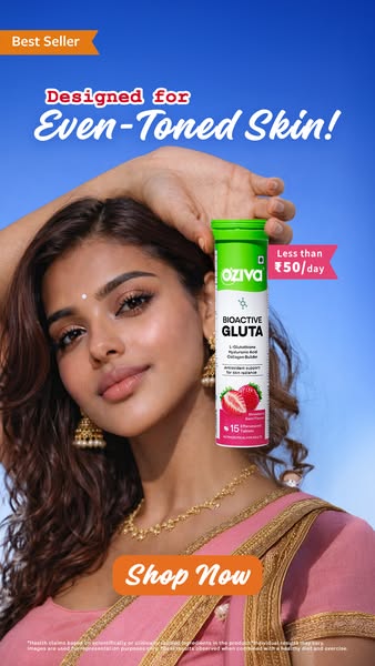 The ad promotes Oziva Bioactive Gluta supplement to help achieve even-toned skin. The ad features the product in packagi