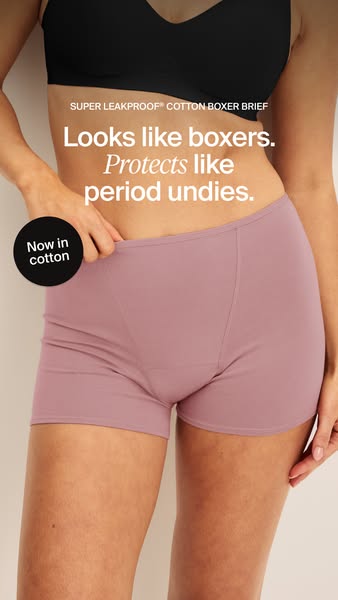 This ad showcases period underwear that looks like boxers but protects like period underwear and now comes in cotton.