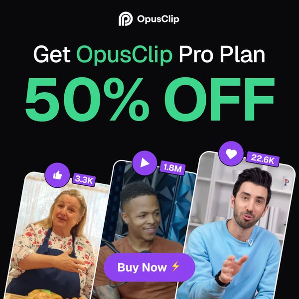 This image ad promotes OpusClip Pro Plan with a 50% discount. It features three video clips of content creators, each wi