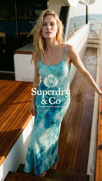 This image ad features a model wearing a tie dye dress from Superdry. The model is standing on a yacht, creating a feeli