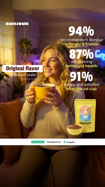 Image ad for Bonjour instant coffee. It features a smiling woman sitting on a couch holding a cup of Bonjour coffee and 