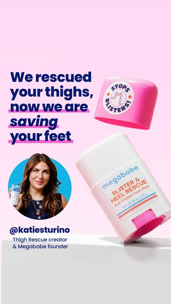 This ad is for Megababe's Blister & Heel Rescue anti-friction stick. The ad highlights that Megababe has rescued