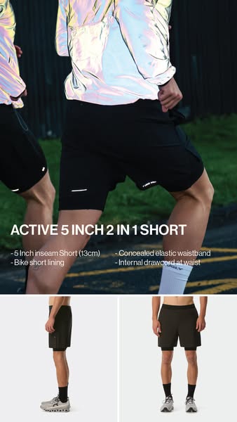 The ad displays men's active shorts while highlighting its features.
