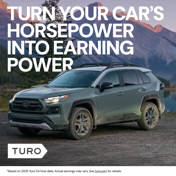 The image ad showcases Turo by featuring a gray SUV parked on a dirt road with mountains and a lake in the background. T