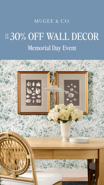 This ad for McGee & Co. promotes their wall decor with a limited-time Memorial Day discount of up to 30% off. The im