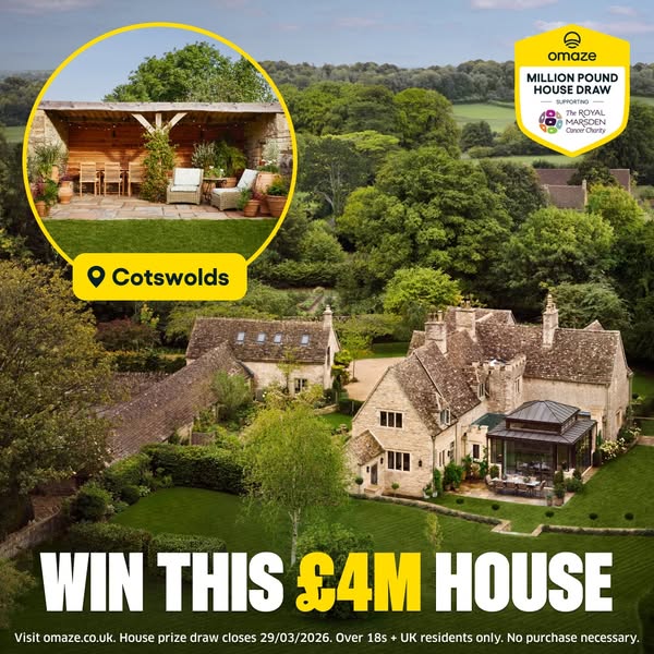 This ad from Omaze promotes a sweepstakes where people can win a £4M house. The ad is selling a chance to win the house,