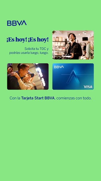 An ad for the BBVA Start credit card shows people in everyday settings. The ad suggests that people should apply for the