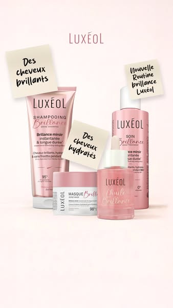 This ad showcases a range of Luxeol hair products designed for shiny and hydrated hair. Each product, including shampoo,