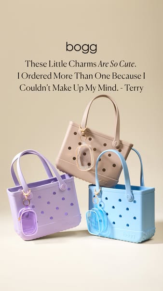 This ad features a customer quote saying how cute the brand's charms are. The image shows three Bogg Bag mini totes 