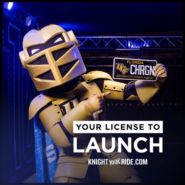 This ad shows the UCF knight mascot holding a UCF license plate and promotes Knight Your Ride.