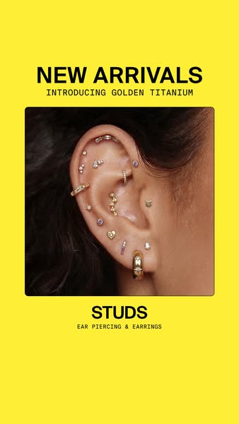 This ad showcases a variety of golden titanium earrings, specifically studs, that can be used in different ear piercings