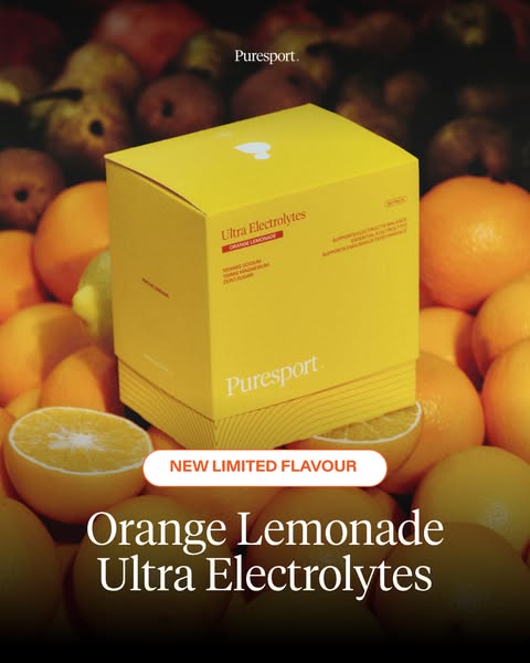 An image ad for Puresport Ultra Electrolytes in a new limited Orange Lemonade flavor. The ad showcases the product packa