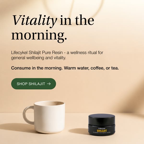 This ad promotes Lifecykel Shilajit Pure Resin as a wellness ritual for improved vitality. It suggests incorporating the