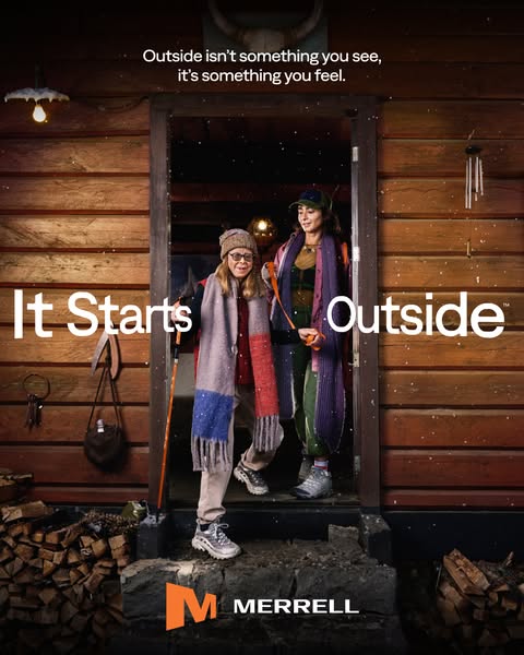 An image ad shows two women standing in the doorway of a cabin, wearing Merrell outdoor gear. The tagline is, "Outs