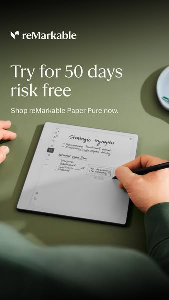 This ad promotes reMarkable Paper Pure, allowing the user to try it risk-free for 50 days. The image features a person u
