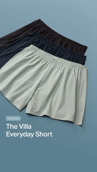 This image ad showcases The Villa Everyday Short in multiple colors, emphasizing its versatility and new style.