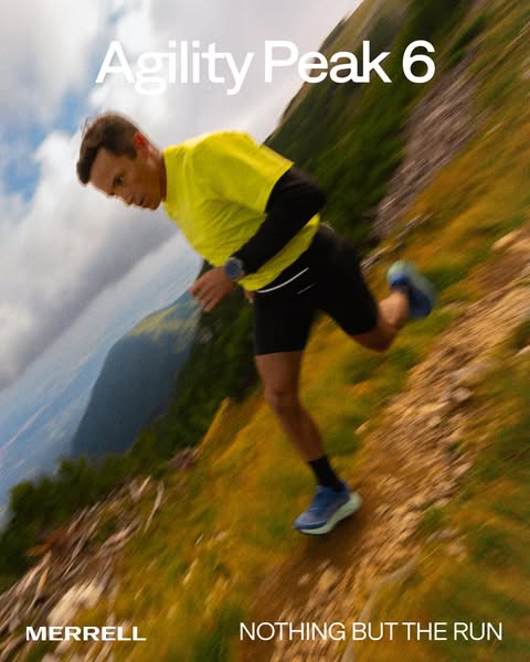 This image ad features a male runner wearing the brand's Agility Peak 6 trail running shoe. The brand aims to presen