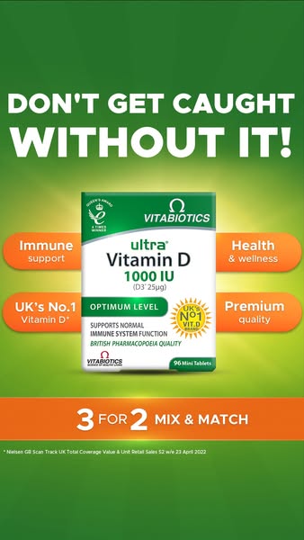 Ad for Vitabiotics Ultra Vitamin D 1000 IU tablets, promoting a 3 for 2 mix-and-match offer. The ad emphasizes the impor