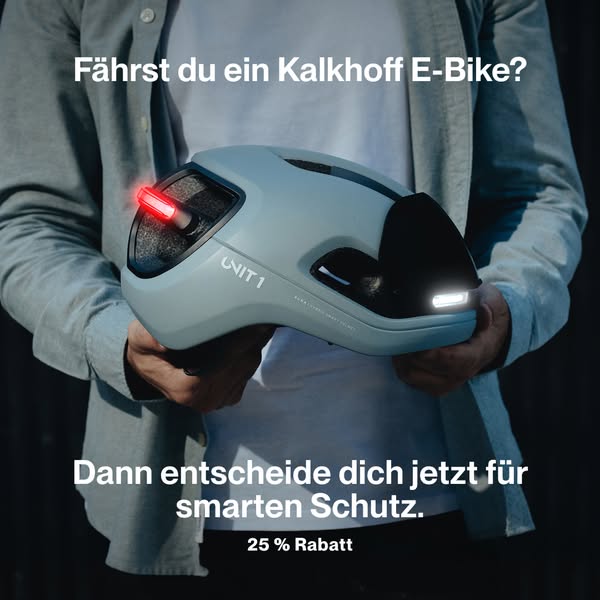 This image ad promotes Unit 1 smart helmets, specifically targeting owners of Kalkhoff E-Bikes with a 25% discount.