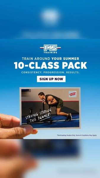 Image ad for F45 Training promoting a 10-class pack. It emphasizes consistency, progression, and results while visually 