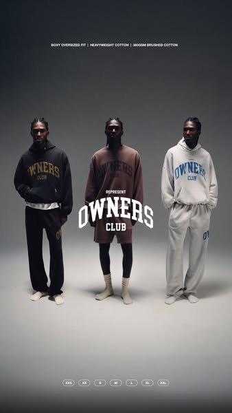 A vertical image ad showcasing three models wearing apparel from Represent's Owners Club collection. The models stan