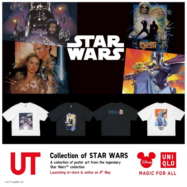 This ad showcases a new collection of Star Wars shirts from UT/Uniqlo, featuring poster art from the Star Wars movies. T