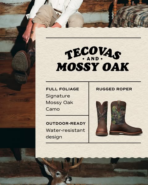 This image ad showcases Tecovas' Mossy Oak boots in two styles. The left style features a full foliage signature mos