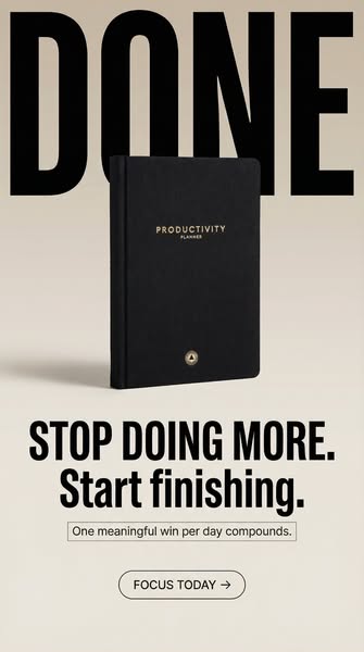 An image ad for a productivity planner is displayed. The ad copy encourages viewers to focus on finishing tasks instead 