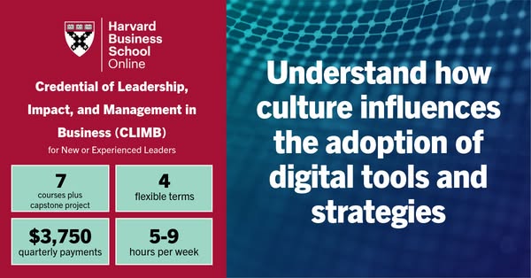 This ad promotes the Harvard Business School Online Credential of Leadership, Impact, and Management in Business (CLIMB)